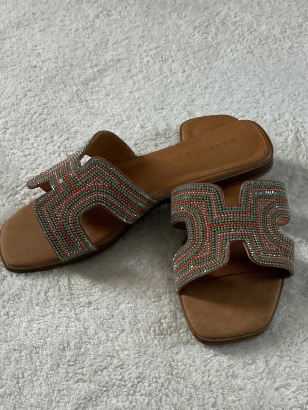 Madden Girl Brown Slide Sandals with Multicolor Bead Accents NWOT